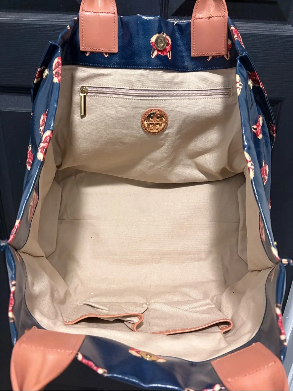 TORY BURCH “Retired” Vintage Navy Large Tote with Brown Trim and Fox Motif Print